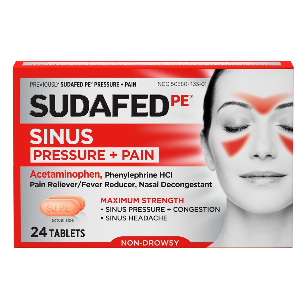 Sudafed PE Sinus Pressure + Pain Relief Tablets, Non-Drowsy, 24 Ct