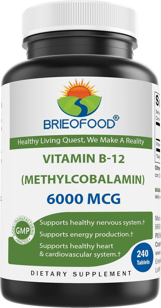 Brieofood Vitaminas B- 12 (Methycoballamin) 6000 mcg- 240 tabletės. Ne GMO, ir Gluten Free