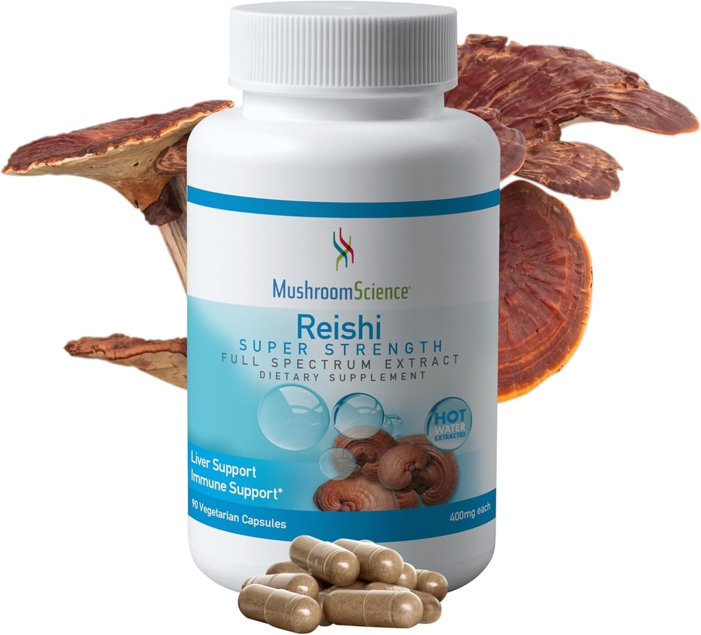 MushroomScience Reishi Mushroom Capsules, Super Strength Full Spectrum Extract, Natural Mushroom Supplement für Erwachsene, Hot Water Extracted Pilze, Health Support, Vegetarisch, 400MG, 90 CT