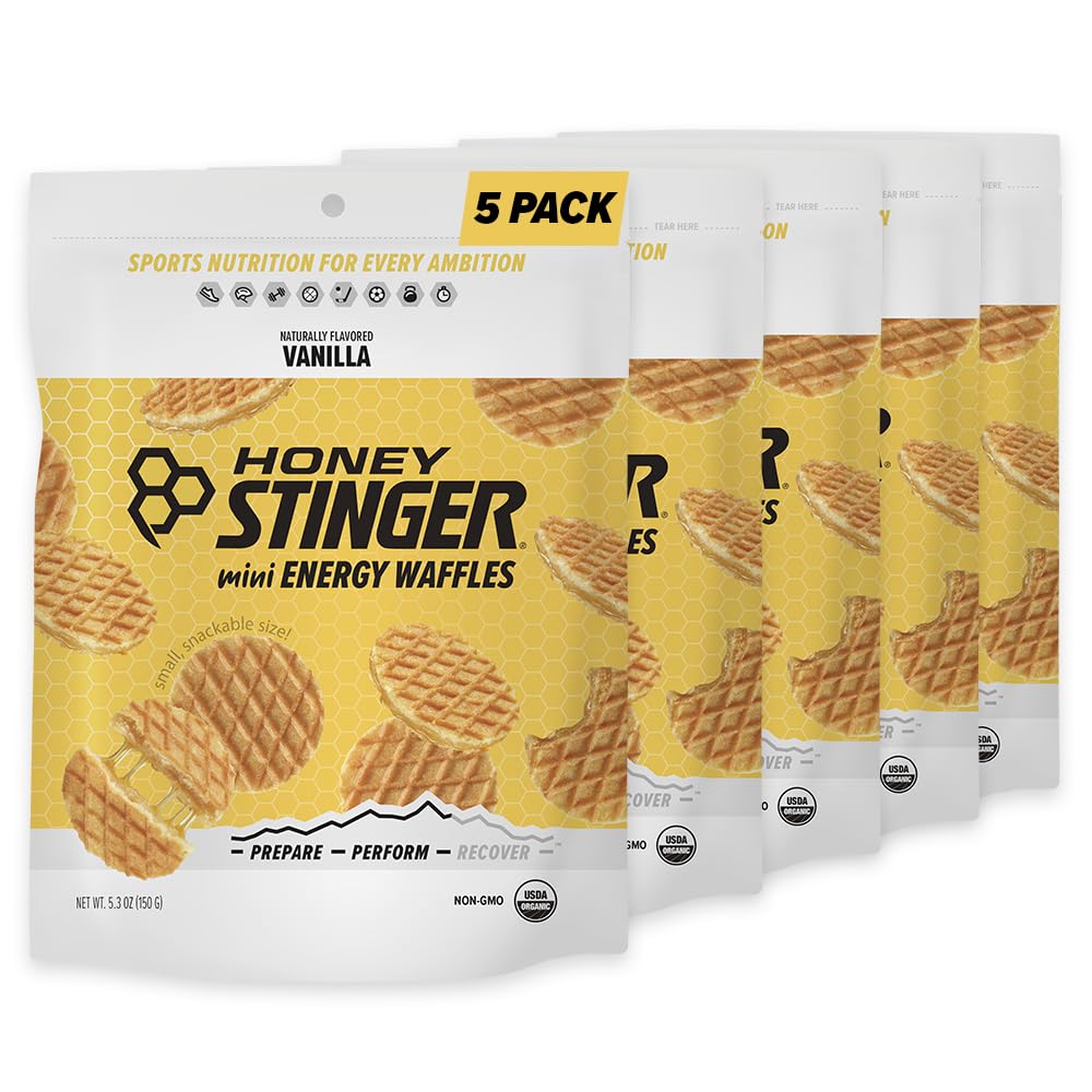 Honey Stinger Organic Mini Vanilla Waffles, Energy Stropwafel за упражнения, издръжливост и производителност, Спортна храна за дома & Gym, Pre and Post тренировка, 5 чанти, 26.5 Ounce