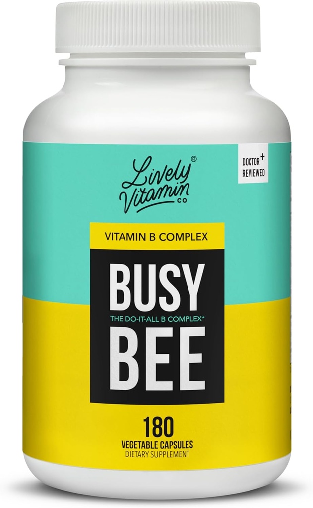 LIVELY VITAMIN CO. Busy Bee - Highly Bioavailable Vitamin B Complex with Choline - Energy - Stress - Brain Fog - Mental Clarity - Oxidative Damage - Dairy Soy Gluten Free - 180 Vegan Capsules