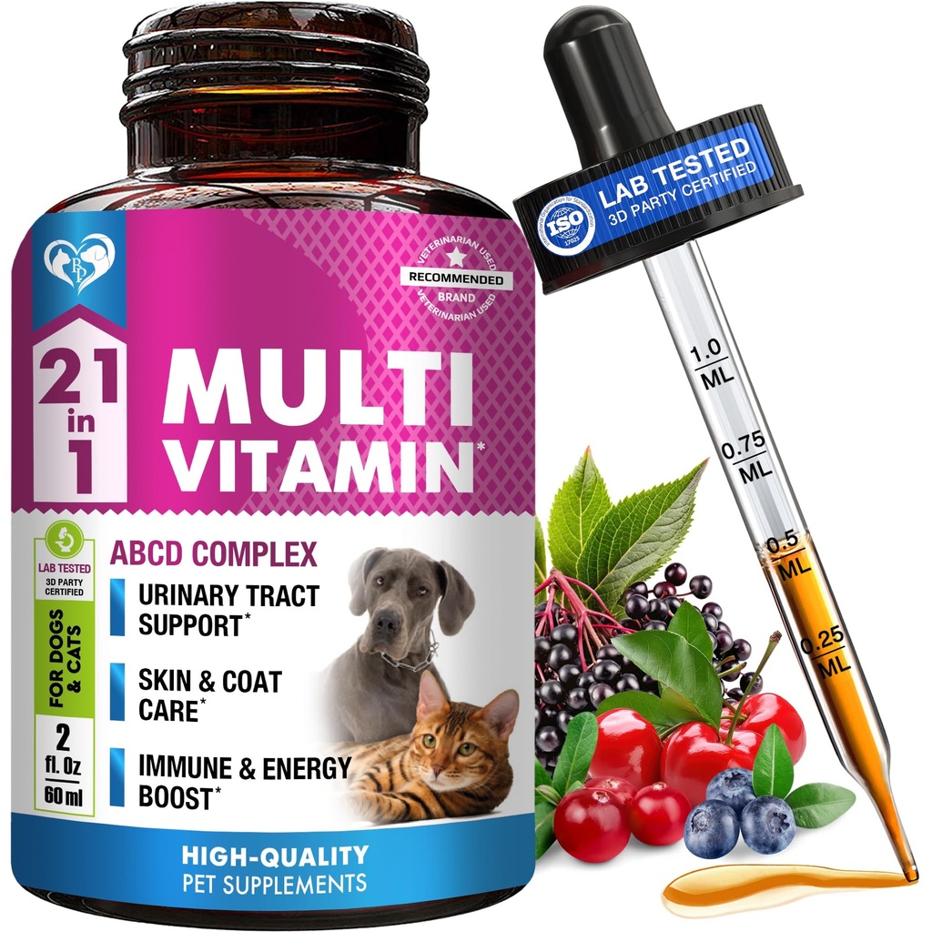 Cat & Dog Multivitamin Liquid with Glucosamine & Cranberry | 21 in 1 Health Supplements for Urinary Tract Kidney, Bladder, Hip & Joint, Skin & Coat | Natural UTI Medicine (60 ml)