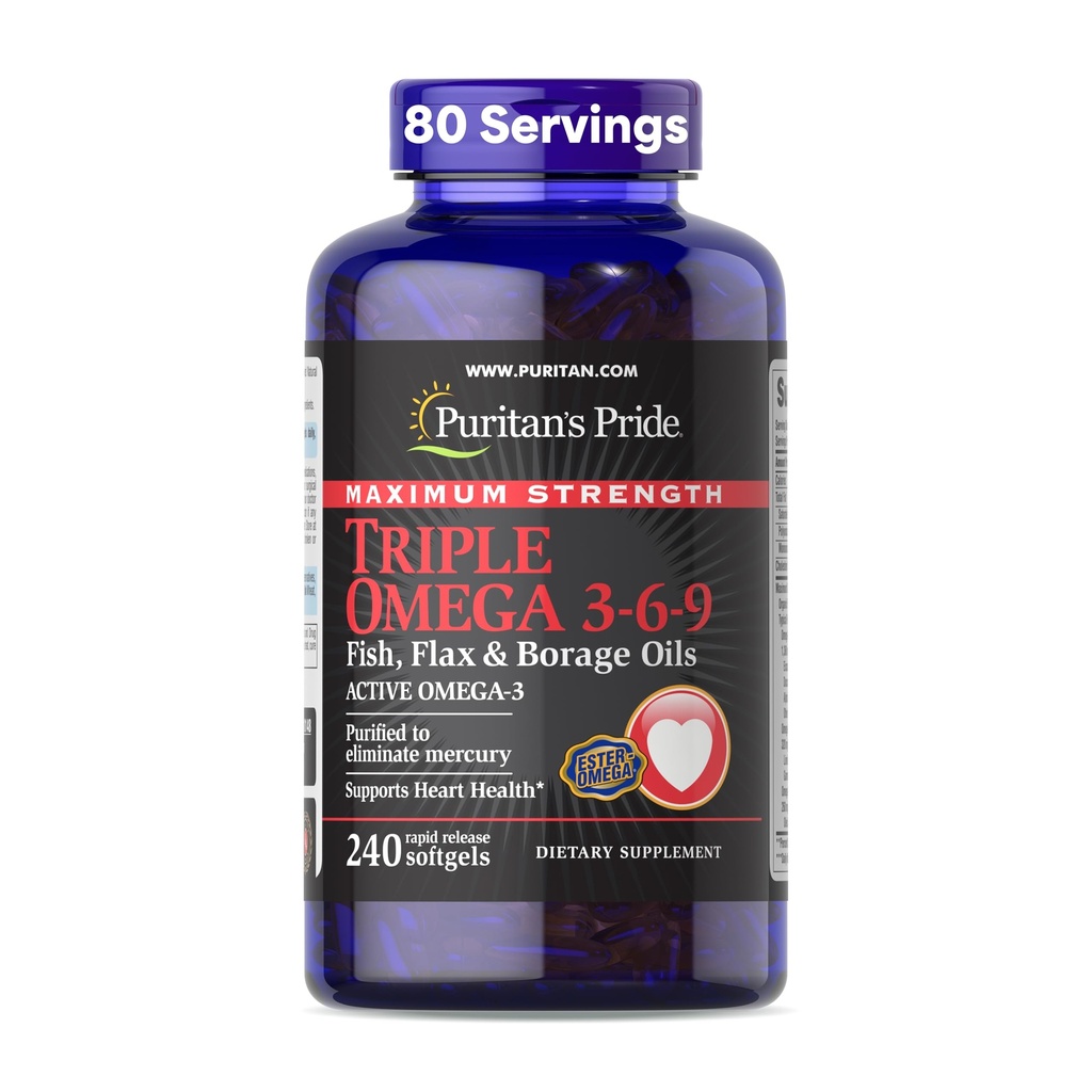 Puritan's Pride Premium Maximum Strength Triple Active Omega 3-6-9 Fish, Flax, and Borage Oils, Dietary Supplement for Heart, Joint, and Cellular Health Support, 240 Rapid Release Softgels