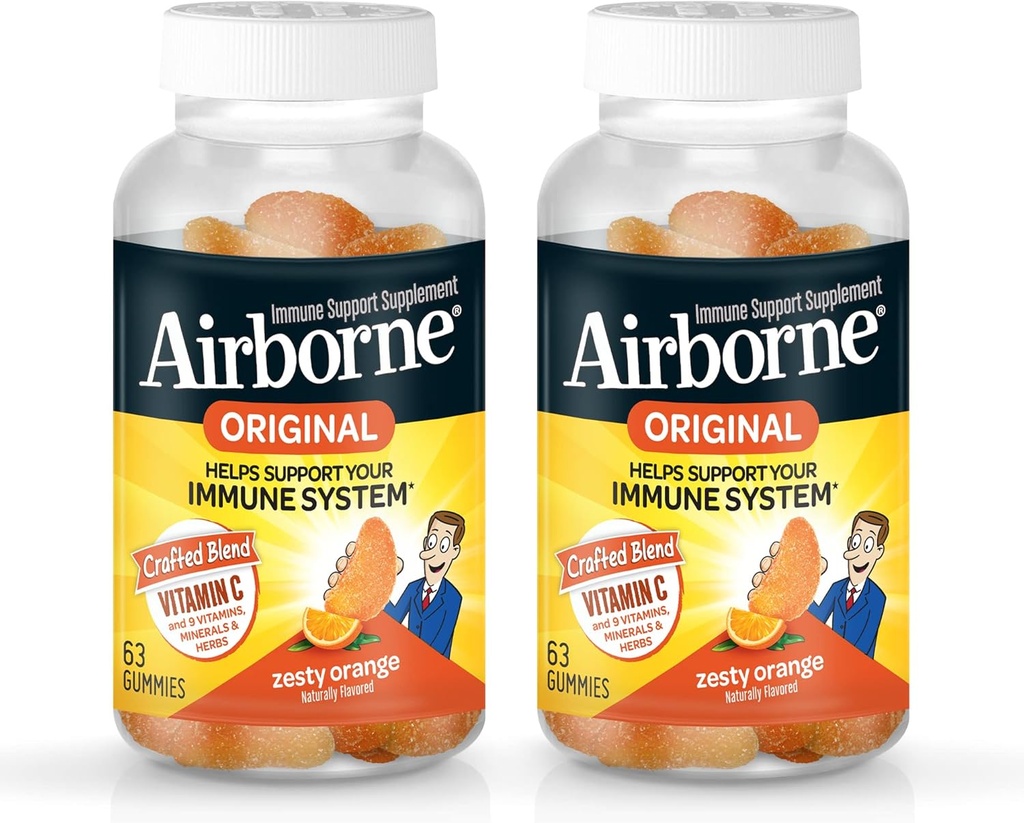 Airborne 750mg vitamín C Imunitní Supplement Gummies pro dospělé, Zesty Orange Flavor, Gluten zdarma Vyrobené míchání s výkonnými antioxidanty Vitamíny A C & E, 63 Gummies (2 balení)