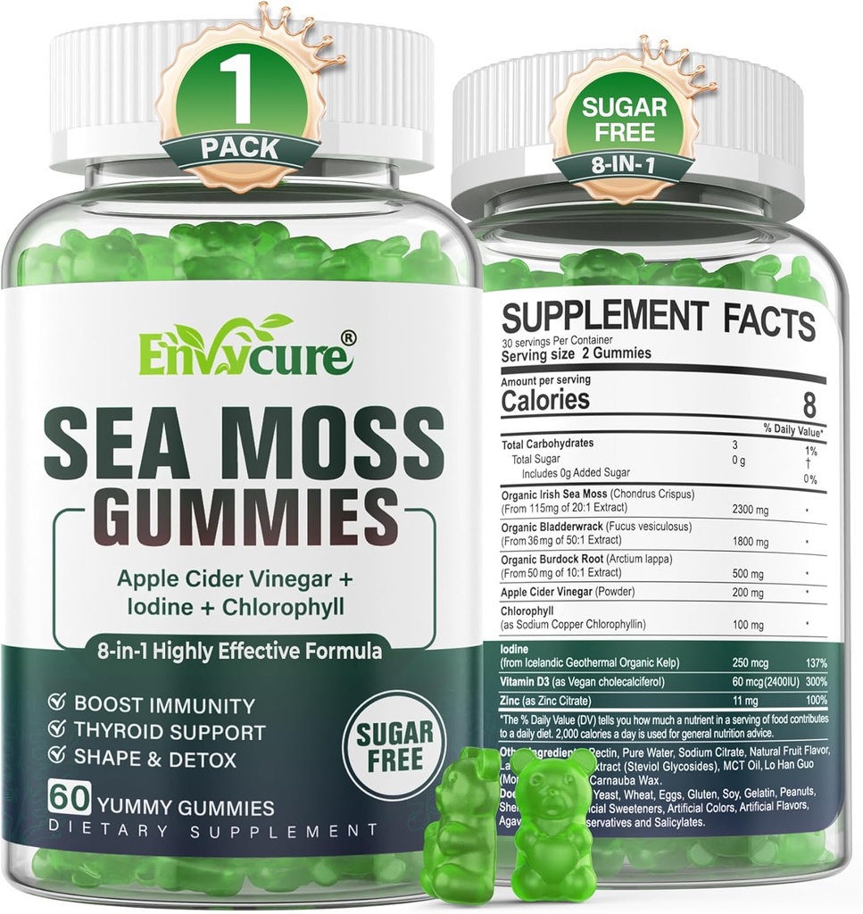 1Pack Sea Moss Gummies Free, Extra Force Irish Moss Gel Addition with Iodine, Chlorophyll, Unfiltred ACV, D3, Burdock Root, Bladderwrack for Immunum, Digital, Skin, Plaukų, Det recipes, Vegan