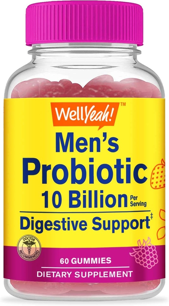 WellYeah Probiotic Gummies для чоловіків з 10 Billion CFU, відновлення природного травного балансу, зменшення газу, блювання та Irregularity, клейковини безкоштовно, Non-GMO, Вегетаріанський - 60 Gummies