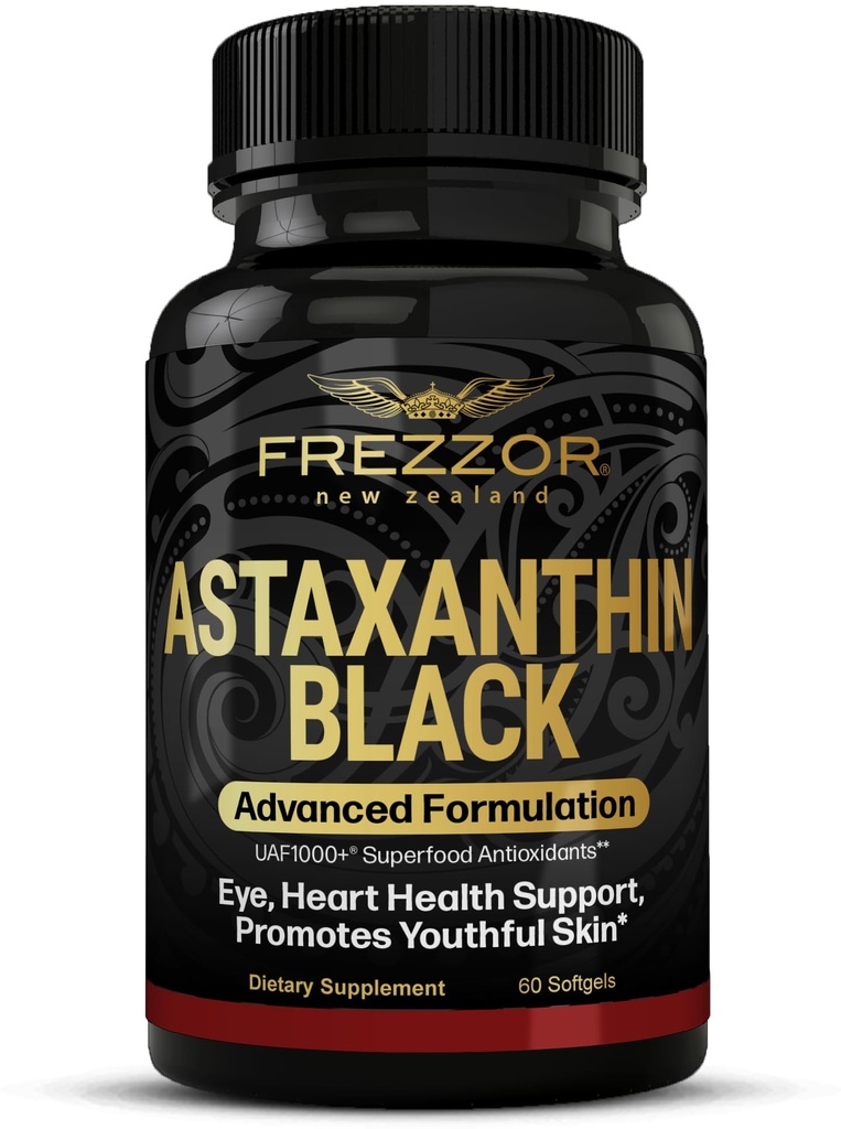 FREZZOR Astaxanthin Black with UAF1000+ Super Antioxidant, Supports Heart, Eye & Brain Health, Anti-Aging Skincare & Cellular Protection, 12mg Astaxanthin per Serve, 60 Softgels, 1 Month Supply
