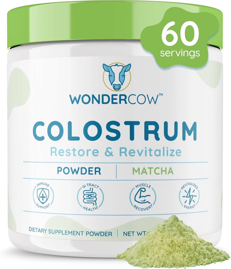 WONDERCOW Colostrum Supplement Powder for Gut Health, Immune Support, Muscle Recovery & Wellness ← Natural IgG Puro Bovine Colostrum Superfood, Matcha, 60 Servings