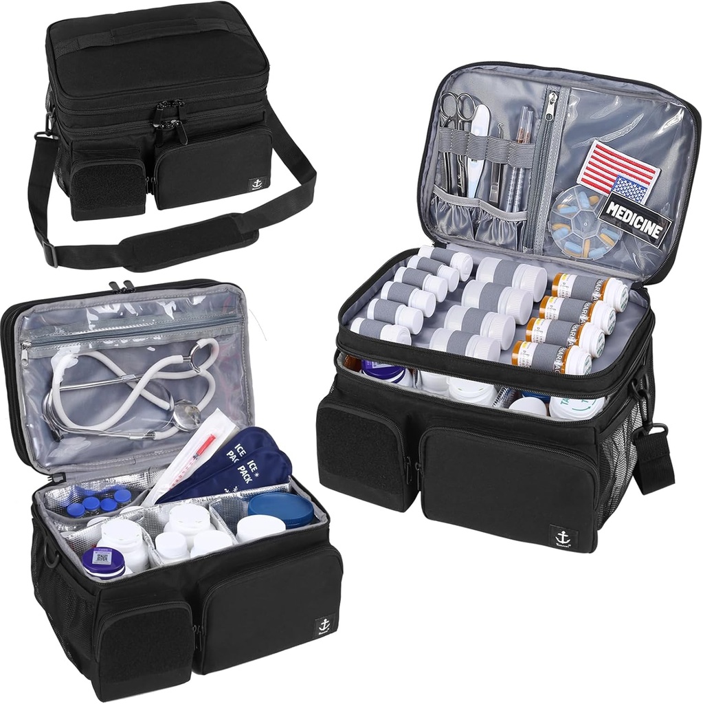 Dwuwarstwowa torba medyczna z izolowanym zestawem do butelek z zamkniętymi końcówkami, Travel Medicine Organizer z miękkimi pasami do butelek, Dostawy medyczne