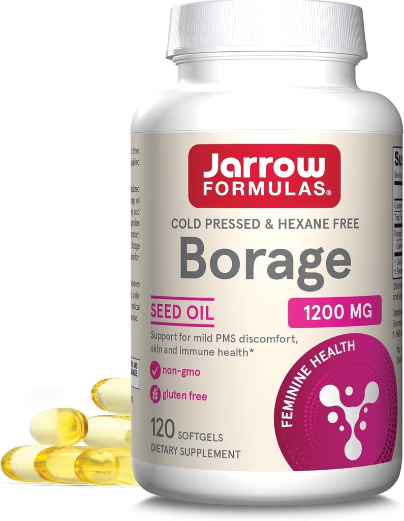 Jarrow Formulas Borage 1200 mg - 120 Softgels - Sursa de GLA - Borage Oil Supplement - pentru Skin Health & Immune System Support, Uld PMS Discomfort Support - Până la 120 Serviri