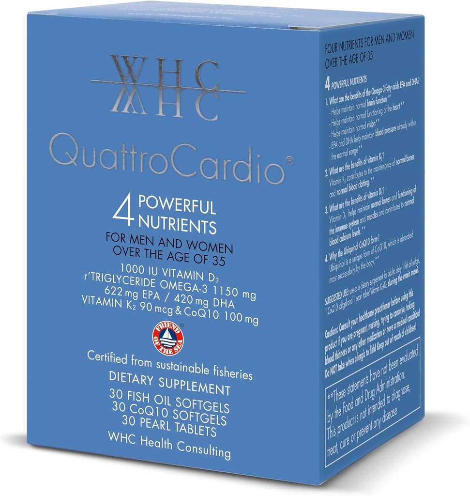 WHC QuattroCardio Omega-3 1200 mg, Vitamina D3 1000 UI, EPA 600 mg, DHA 495 mg, Vitamina K2 90 mcg, CoQ10 100 mg, Orange natural, 30 Softgels ulei de pește, 30 CoQ10 Softgels & 30 Pearl Tablets Vitamina K2+D3