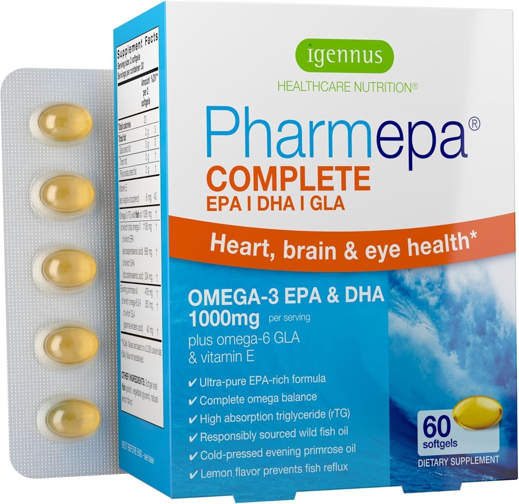 Igennus Pharmepa completa EPA 668mg & DHA 334mg ácidos graxos omega-3 1000mg, IFOS Certified, rTG Form, aceite de peixe de alta potencia Plus Omega-6 e 9 de GLA Evening Primrose Oil, Lemon Flavor, 60 Softgels