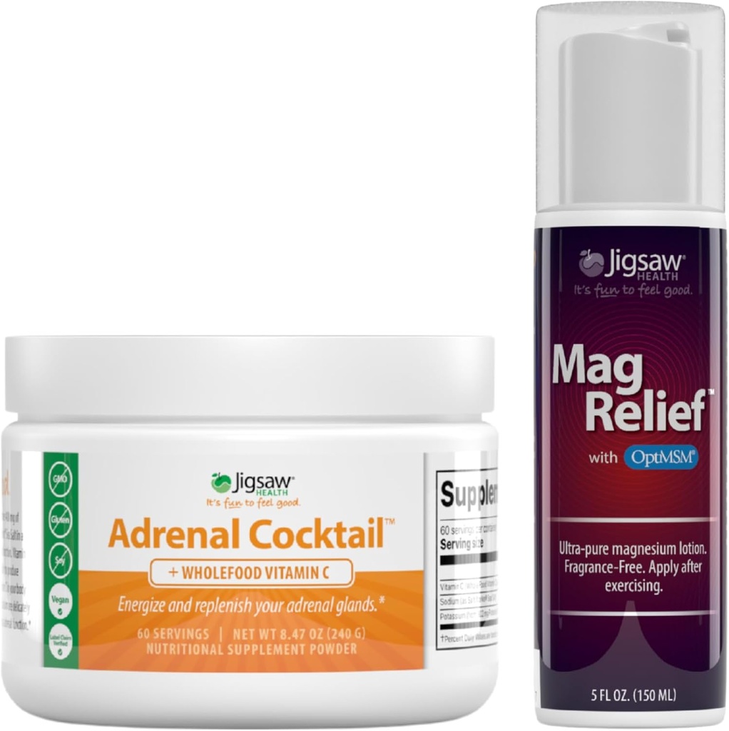Jigsaw Health Bundle | Adrenal Cocktail, 60 Zerbitzu (Jar) eta MagRelief, 5 Ounces (Lotion)