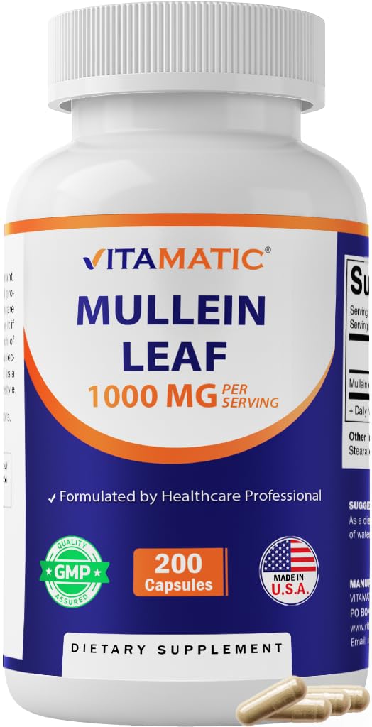 Vitamatic Mullein Leaf 1000mg per Serving - Supports Healthy Respiratory, Bronchial & Immune Function - 200 Capsules