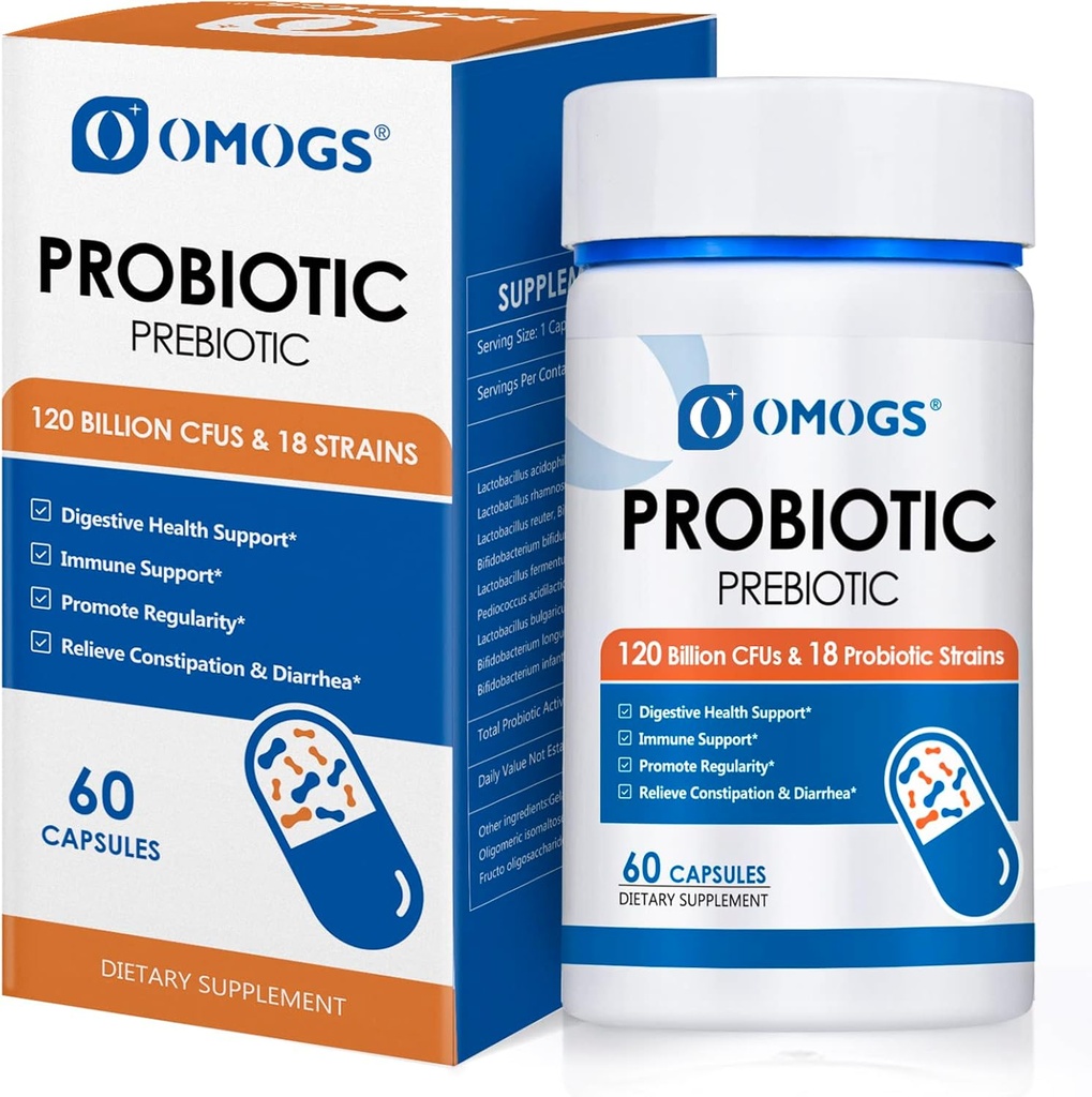 OMOGS Probiotics 120亿 CFUs 18 Strains, 3 Prebiotics & Digestive Enzymes, 帮助消化, Gut Health, Immune, 支持偶发便秘,腹泻和气体 - 面向妇女和男子, 60 Capsules