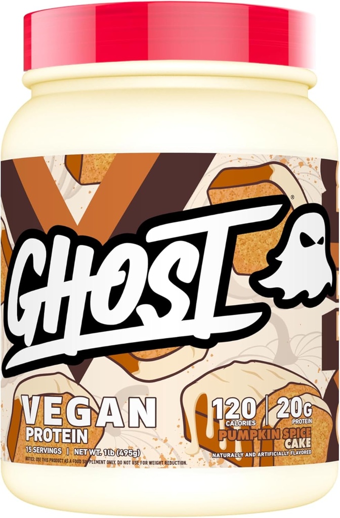 GHOST Vegan Protein Powder, Pumpkin Spice Cake - 1LB Tub, 20G proteinu - Plant- Based Pea, Organic Pumpkin & Watermeloun Seed Protein Blend - Ochucené Post Workout Shake - Soy & gluten zdarma