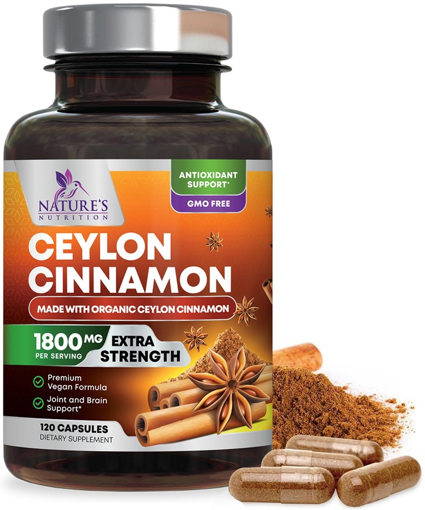 Organic Ceylon Cinnamon Capsules - Extra Strength Certified Organic Ceylon Cinnamon 1800mg Per Serving Supplement Pill - Energy & Heart Support Antioxidant for Women & Men, Bottled USA - 120 Capsules