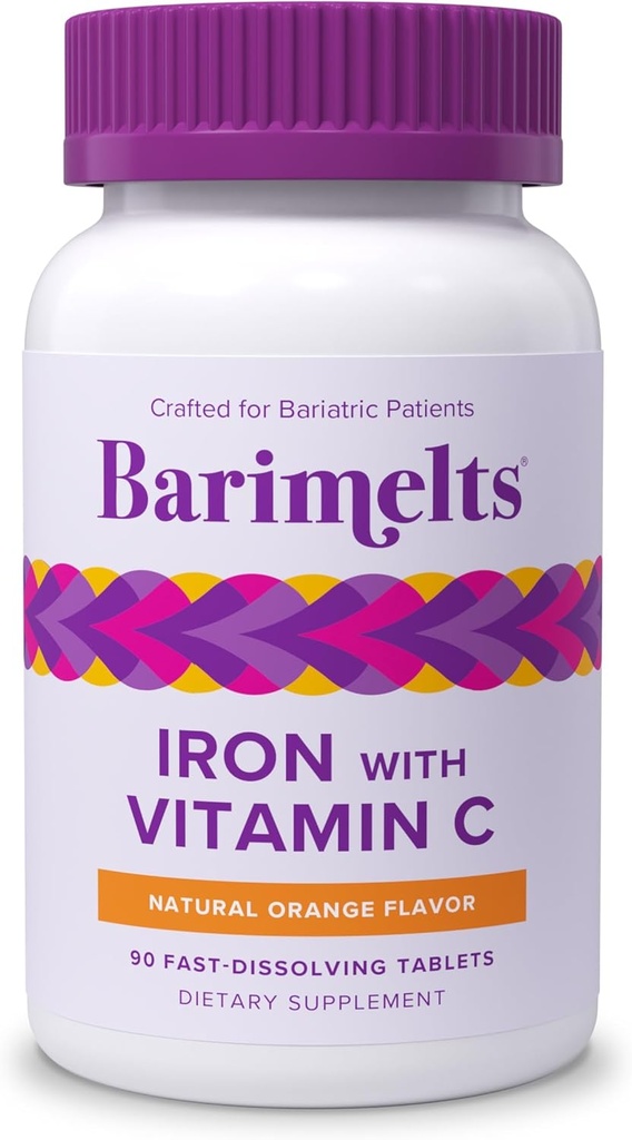 Bartilts Iron amb Vitamina C, 90 taules de resolució ràpida (1-MonthProtecy), Sugar-Free Baratric Iron suplementari per Dones, Natural Orange Flavor