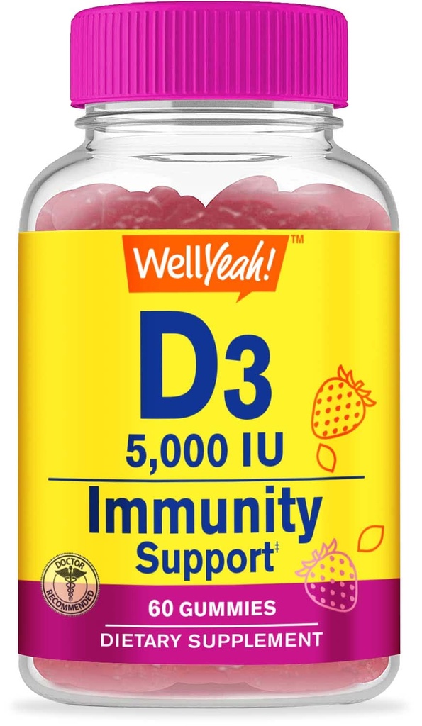 WellYeah Vitamin D3 5000 IU (125 mcg) Extra Strenght Gummies -for Bone Health, Immune Booster, Bone and Teeth Support -Non GMO, Gluten Free, Nut Free, Vegetarian -Strawberry Flavor -60 Gummies