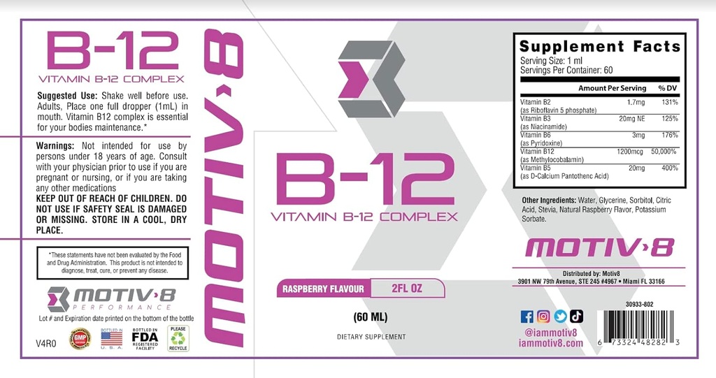 Motiv-8 维生素B-12 滴水,亚语,易取液体补充剂,支持眼部健康,脑能,神经系统,认知和记忆(60 services,Raspberry)