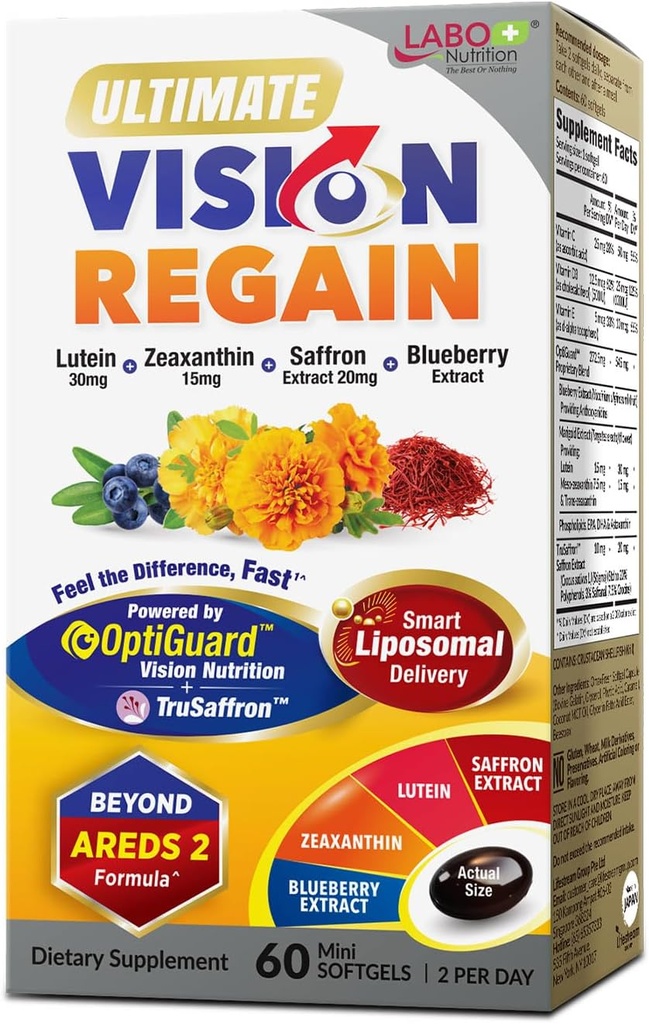 LABO Nutrition Ultimate VisionREGAIN, Eye Vitamin Beyond AREDS 2 Formule s Lutein, Zeaxanthin, Saffron Extract, Blueberry pro makulární a retinální zdraví, Oční únava, Noční vize Podpora 60 Počítá