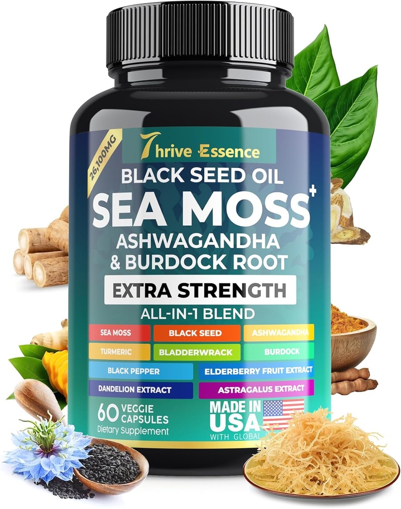 Sea Moss Extract, Black Seed Oil, Ashwagandha, Turmeric " More — 10-in-1 Herbal supplement with Black Pepper " Elderberry – 60 Capsules