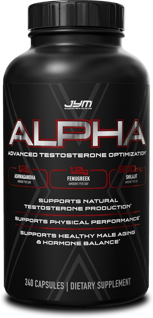 אלפא JYM X מתקדם הורמון אופטימיזציה, Vitality, אופטימיזציה, DHEA, Ashwagandha, Boron, Shilajit, Fenugreek, Eurycoma, Damiana, Quercetin, DIM, JYMal Science, 240 קפסולות