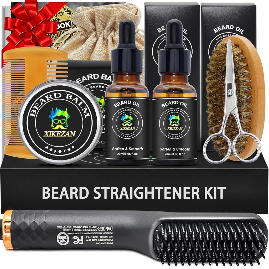 XIKEZAN Beard Kit til mænd Grooming & Straightening Set, w / Beard Straightener, 2 Pack Oil, Balm, Comb, Scissor, Brush, Fødselsdag Valentines Gaver til ham far Mænd Kæreste Christmas Stuffers