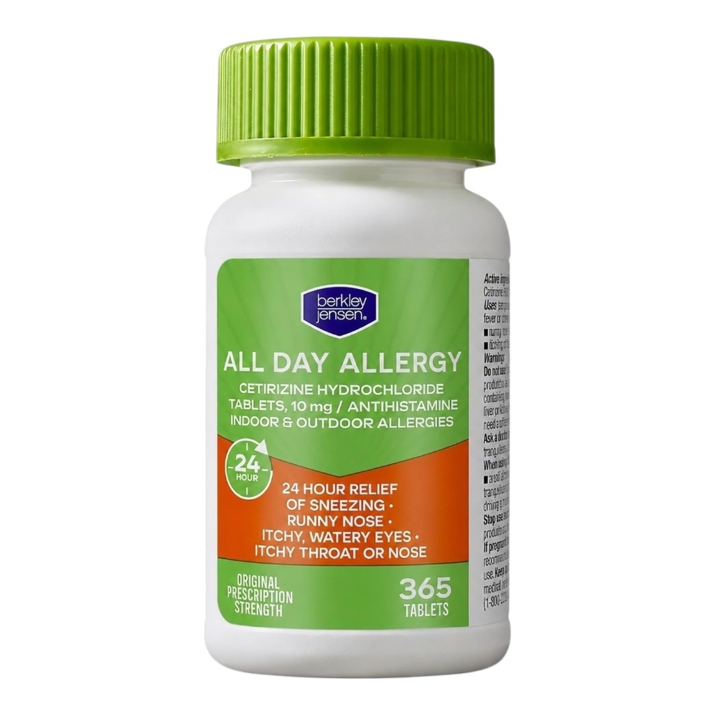 berkley jensen 24 Hour Allergy Relief, 10 mg Cetirizine Hydrochloride Antihistamine - Fast Allergy Medicine for Indoor & Outdoor Allergies, Made in USA, 365 Tablets (Pack of 1)