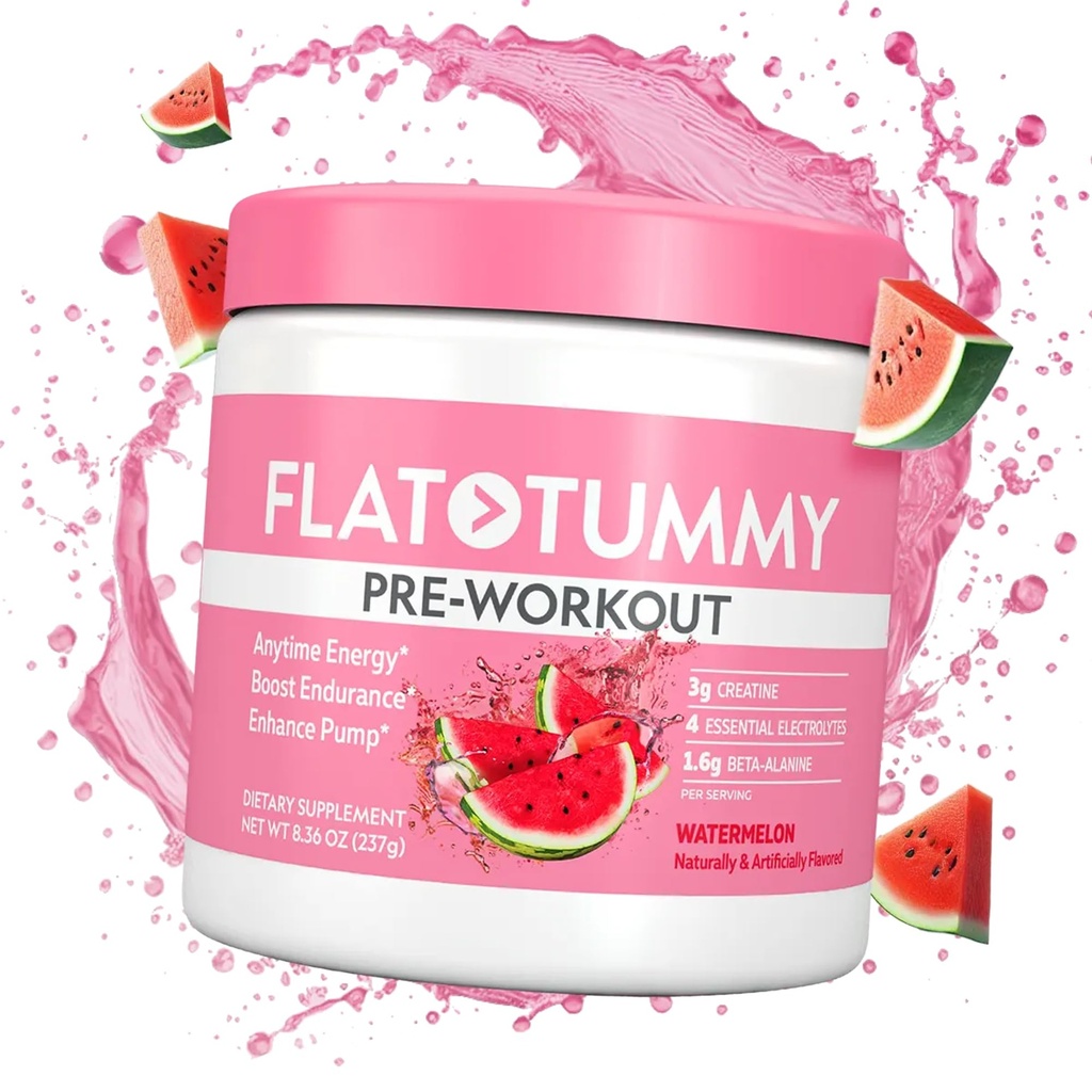 Flat Tummy Pre Workout Powder for Women – Energy, Endurance, and Muscle Support with 3g Creatine, 1.6g Beta-Alanine, Electrolytes – Watermelon Flavor – 30 Servings