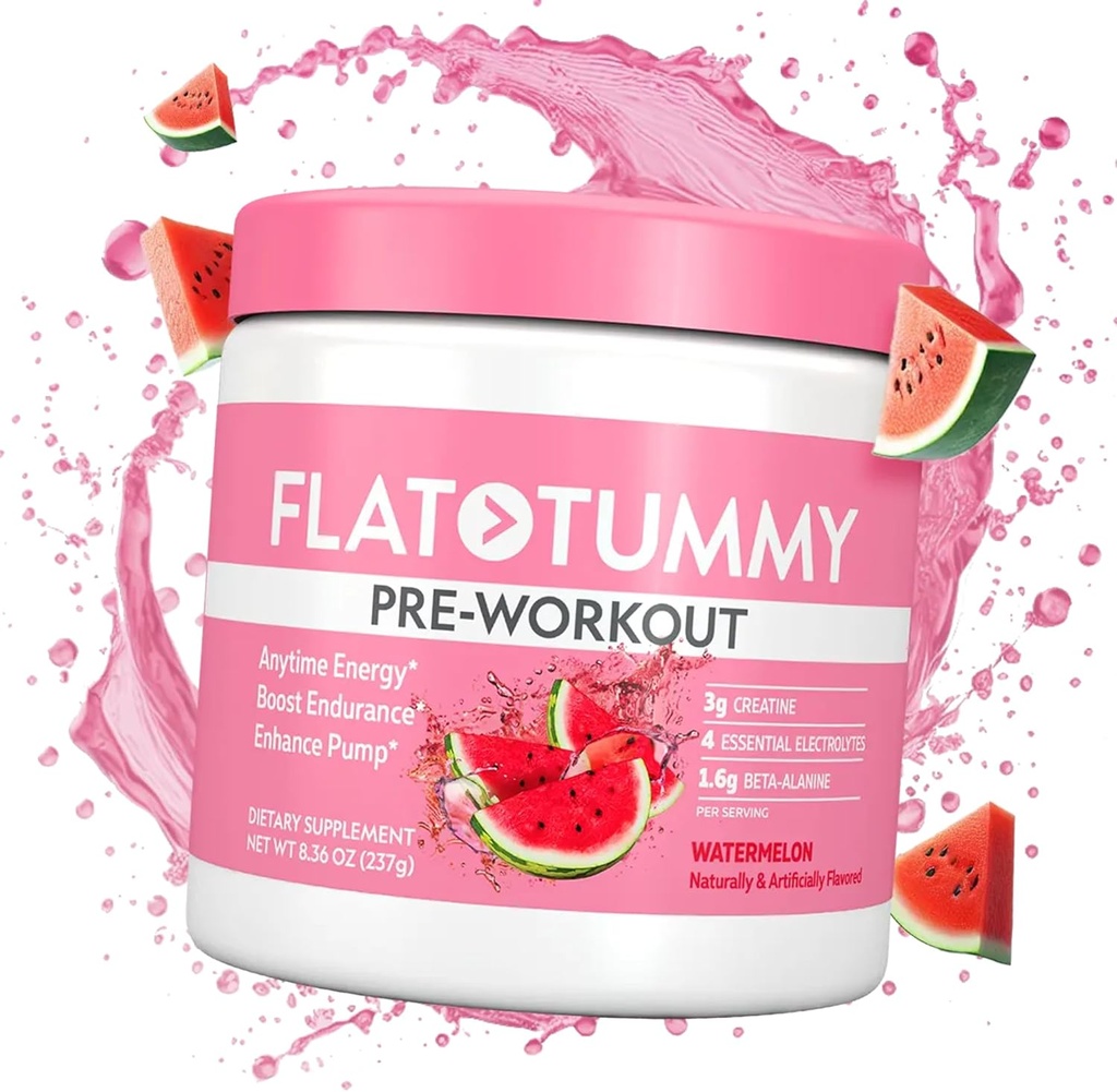 Qadınlar üçün Flat Tummy Pre Workout Toz - Enerji, Endurance, və 3g Creatine ilə Muscle Support, 1.6g Beta-Alanine, Electrolytes – Watermelon Flavor – 30 Xidmət