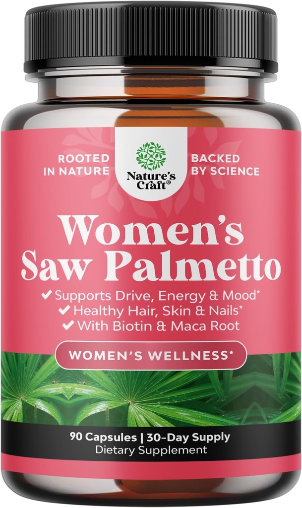 Extra Strength Saw Palmetto för kvinnor 500mg - DHT Blocker för kvinnor 30-dagars leverans - Hår vitaminer för håravfall Supplement - Pure Saw Palmetto Extract Capsules med Maca Root & Biotin - 90 kapslar