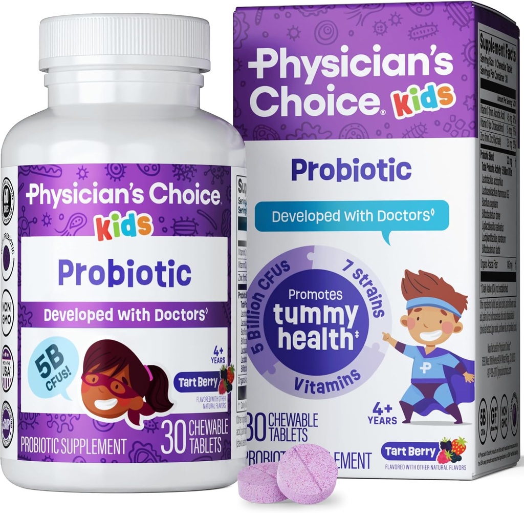 Probiotyki CHOICE dla dzieci - 7 różnych szczepów, Prebiotyki Organiczne, Witaminy i Minerały - Klinicznie badane L. Rhamnosus GG - Immune & Digestive Support - No Sugar or Sztuczne barwniki
