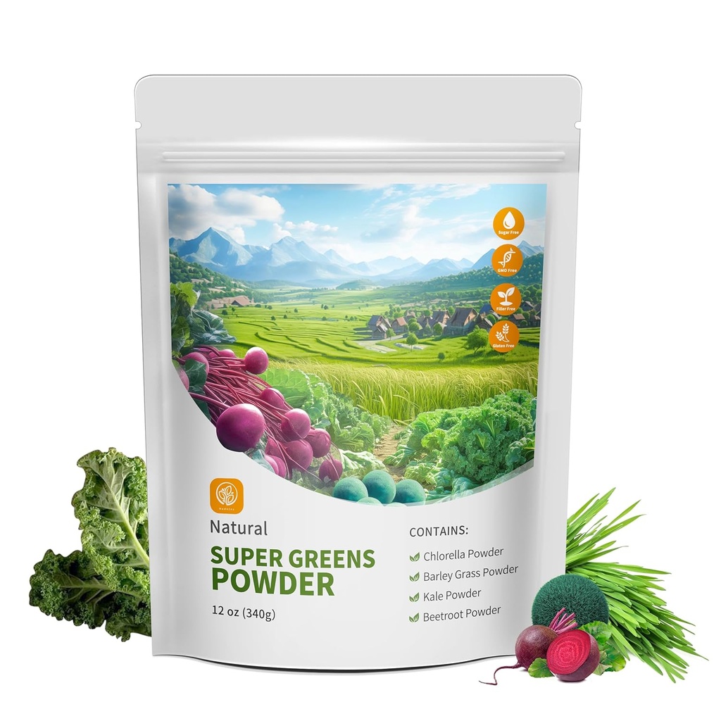 Hudetex Greens Powder Superfood for Immune Support with 12 oz，Greens Powder Smoothie Mix with Chlorella, Barley Grass, Kale & Beetroot Smoothie Booster, Chlorophyll Providing Greens.