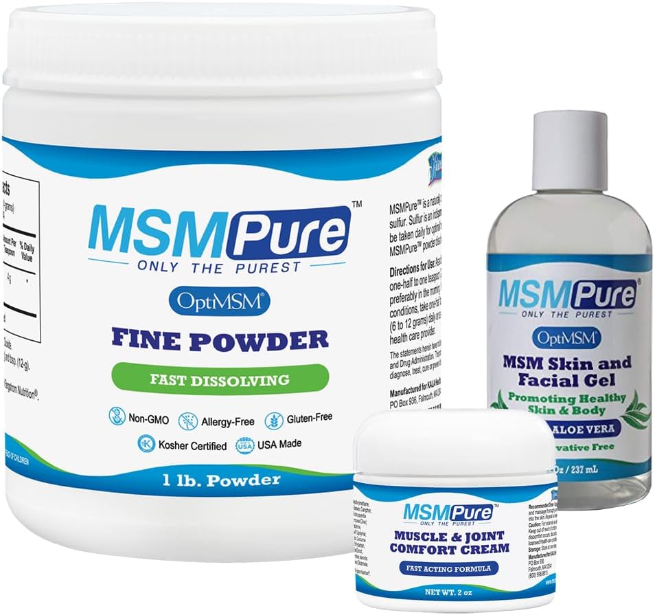 KALA HEALTH MSMPure Starter Bundle med MSM Fine Powder 1lb, MSM Muscle & Joint Cream 2oz och MSM Gel med Organic Aloe 8oz