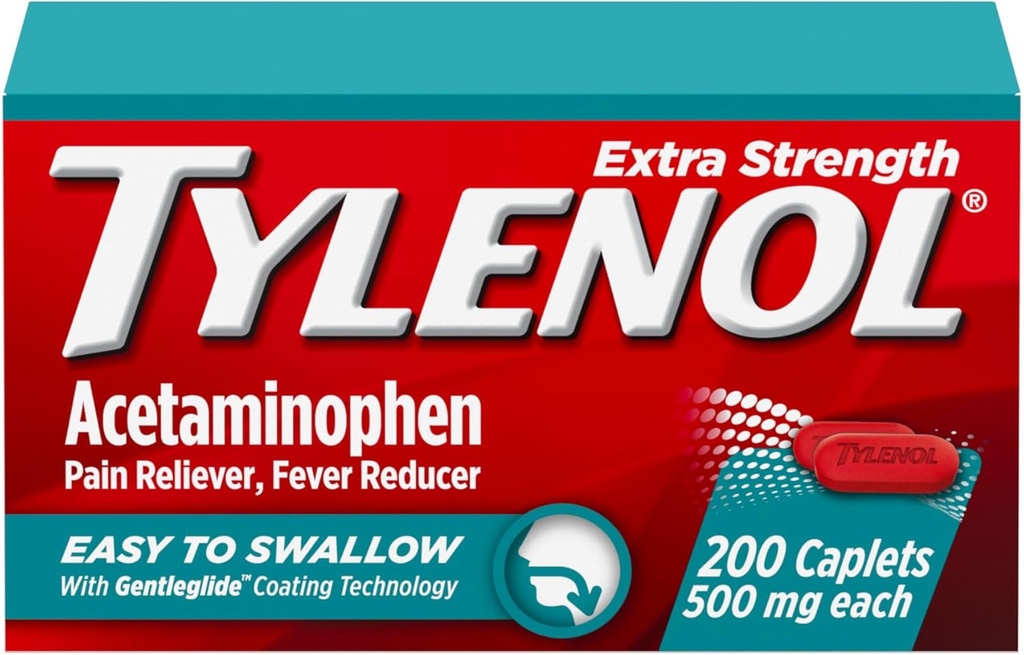 Tylenol Extra Force Easy to Swallow Acetaminofen, Pain Reliever & Fever Reductor Caplete acoperite pentru adulţi cu tehnologia Gentleglide, 500 mg Extra Force Acetaminofen, 200 ct