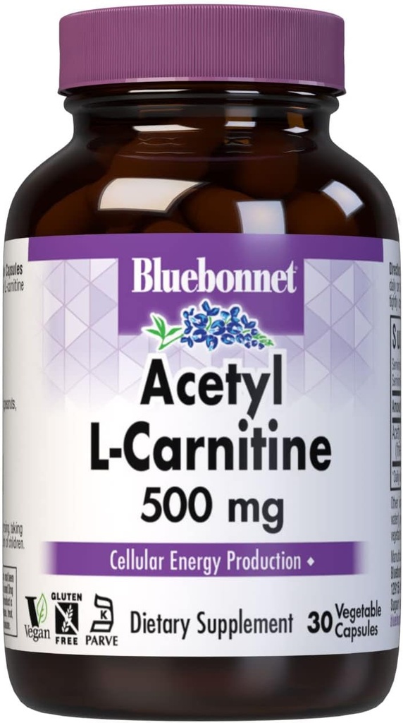 Bluebonnet Nutrition Acetil L-Carnitina, Transportes ácidos gordos, Boosts Cellular Energy, Soy & Gluten-Free, Kosher certificado, Vegan, 30 Cápsulas vegetais, Branco, 500mg