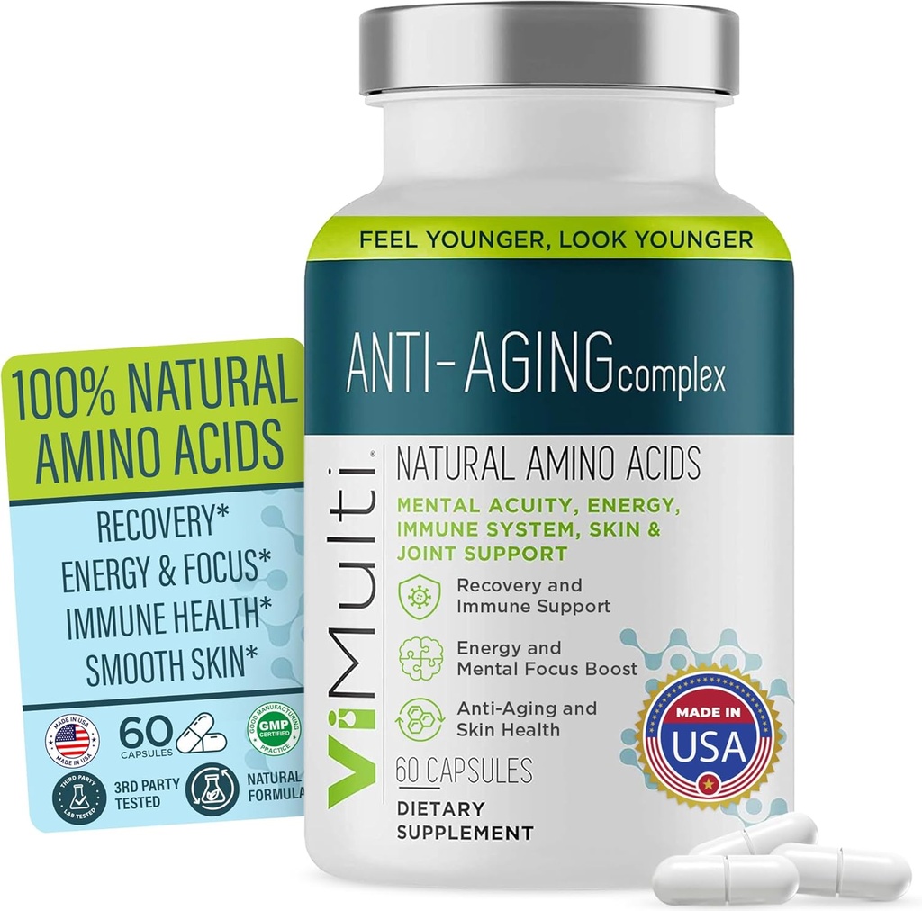 Anti-Aging Natural Amino Acids תוספת לנשים וגברים - תומך בריאות החיסון, אנרגיה, Smoother Skin Tone, & Restorative Sleep, Anti-Aging גלולות for Longevity, 60 קפסולות