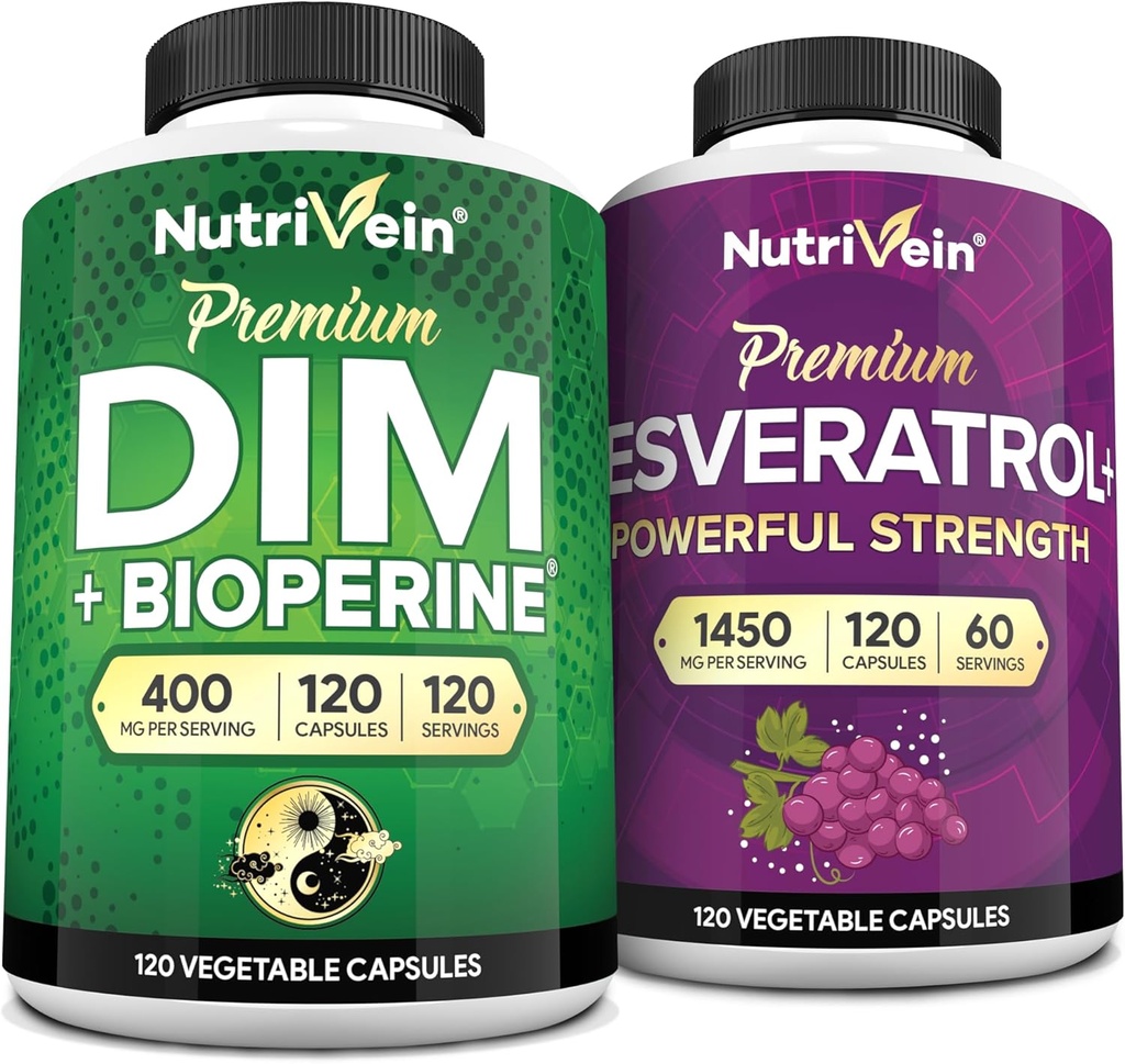 Nutrivein Premium Resveratrol kapsule a DIM doplnok Bundle: High-absorption Resveratrol Supplement a DIM pre zotavenie, rovnováhu, a vitality