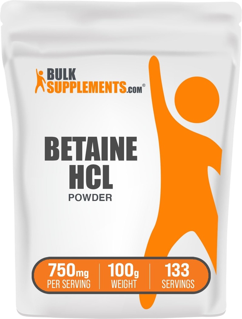 BulkSupplements.com Betaine HCl pulbere - Betaine clorhidrat Supliment, suport digestiv - gluten gratuit, 750 mg per Serving, 100g (3.5 oz) (Pachet de 1)