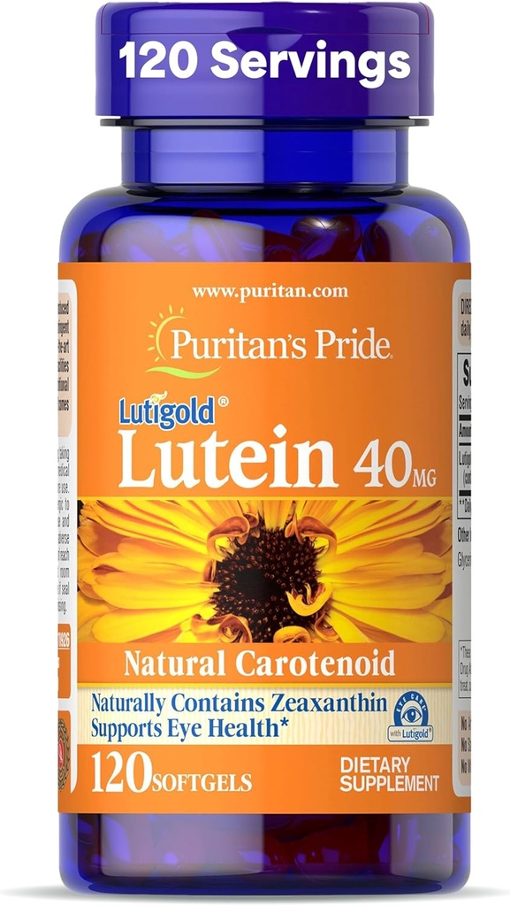 Puritan's Pride Premium LutigoldTM Lutein Carotenoid 40mg com Zeaxanthin para homens e mulheres, Suplemento dietético para apoio à saúde ocular, fornecimento de 8 meses, 120 Easy-to-Swallow Softgels