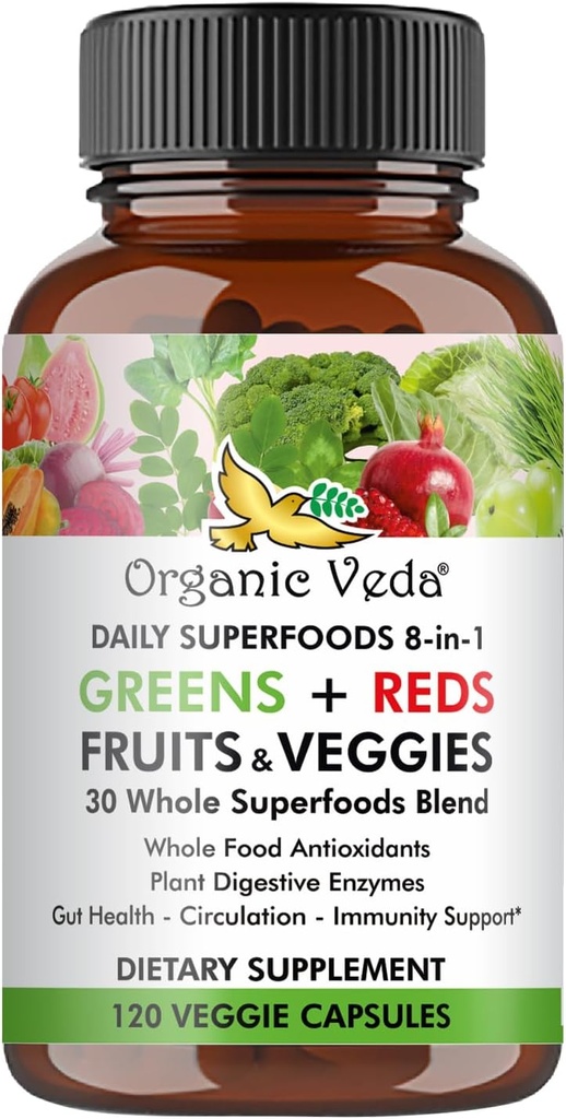 Organske Vede Super Greens Rdeče Zelenjave Kapsule - 8 v 1 na dan 30 Cela organska Superživila Sadje in zelenjava Dodatek - Papaya Enzymes, Spirulina, Klorella, Moringa, Beet, Kurmer - 120 Vegan