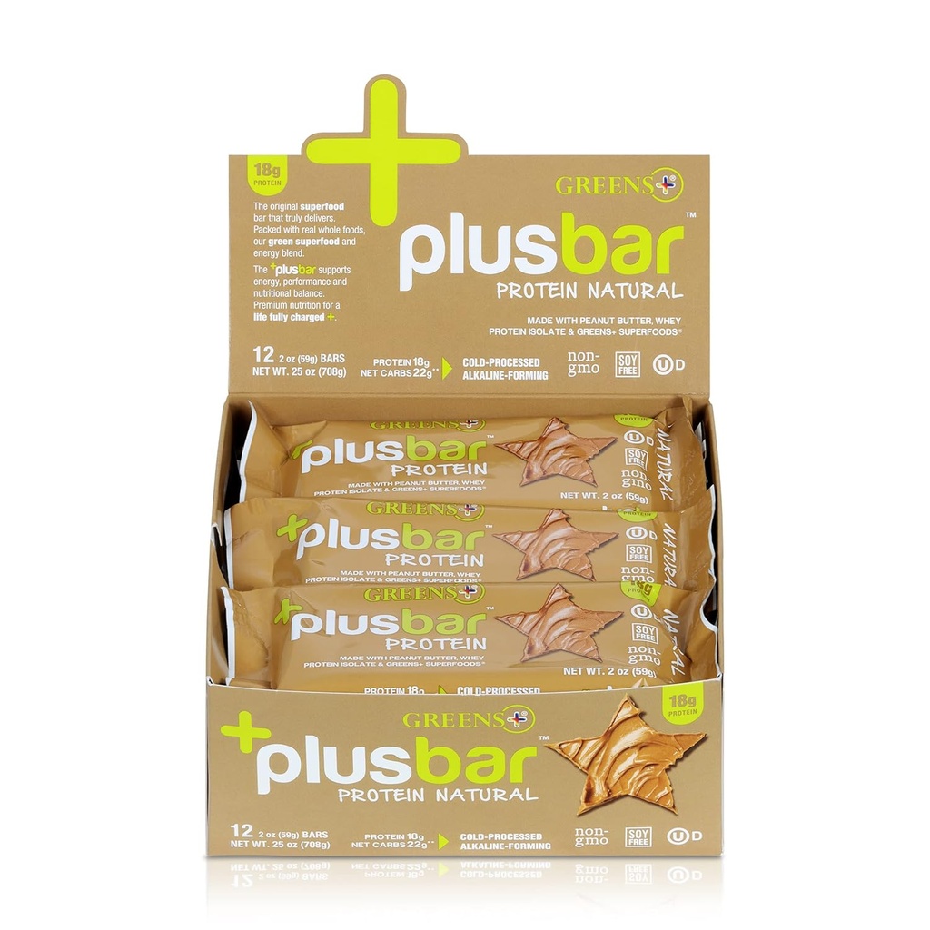 Greens+ Plusbar Protein Natural | Gluten Free Whey Protein Bar | Organic Greens | Non GMO | 12 Bars