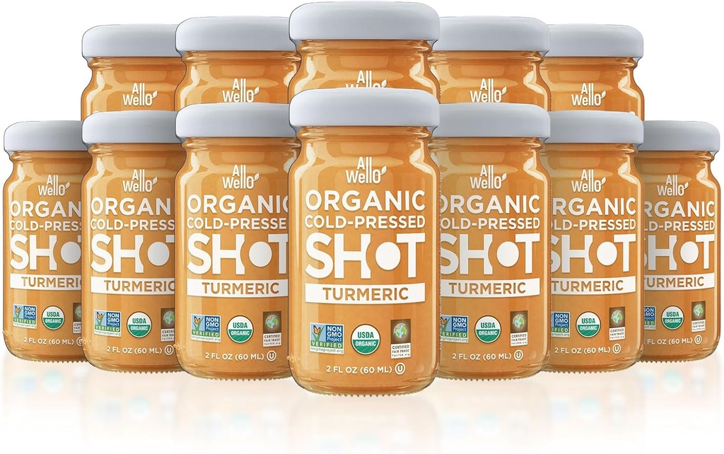 ALLWELLO Cold-Pressed Turmeric Shot, 60 mL, USDA Organic Immune Booster with Natu-RAL (12 PK, Turmeric)