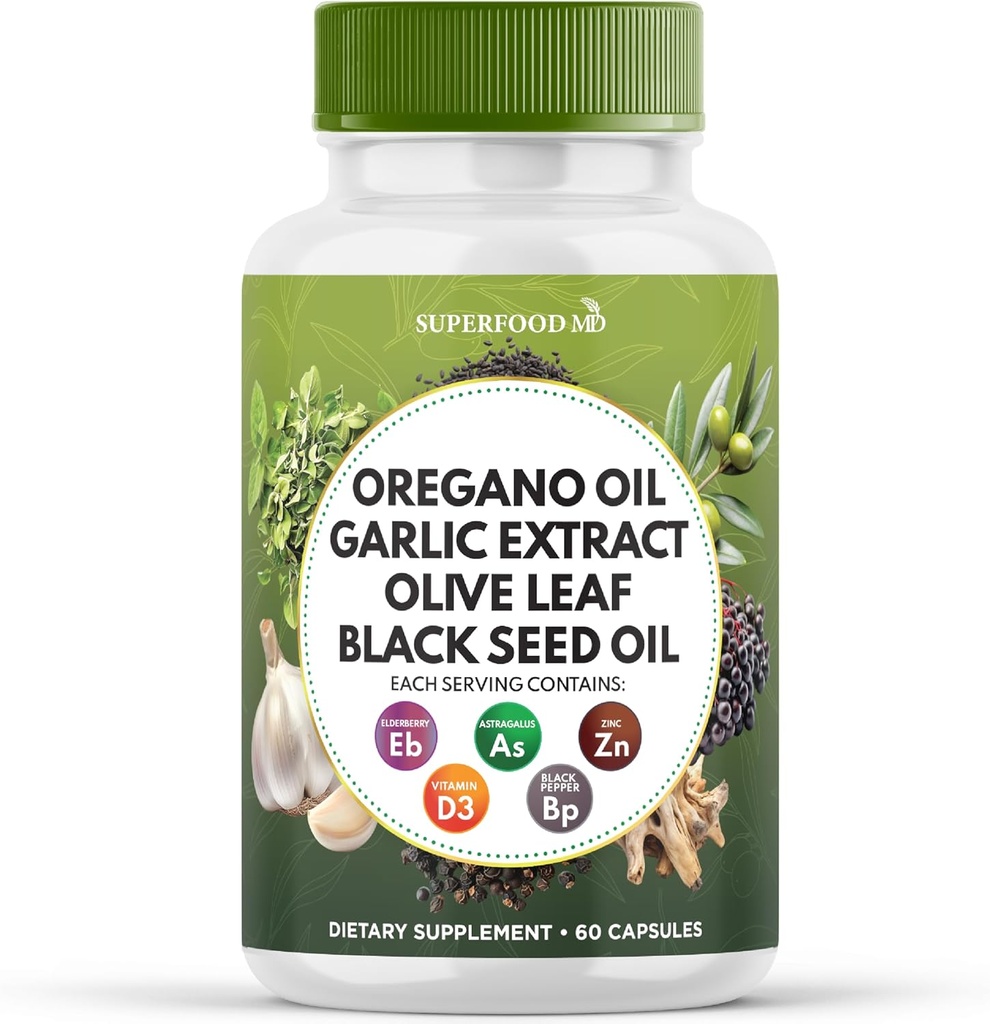 Superfood MD Oregano Oil Oil Extract Olive Leaf Black Seed Oil Astragalu- for Women and 60 Count