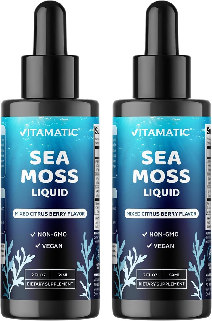 Vitamatic 2 Packs Liquid Organic Irish Sea Moss - Bladderwrack & Burdock Root - 2800 mg zerbitzatuko - 2 FL OZ - Seamos Total 4 oz