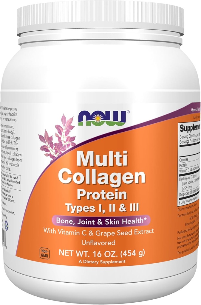 תוספי מזון עכשיו, Multi Collagen חלבונים סוגים I, II & III אבקת, העצם, משותף, בריאות העור, 16 oz (454 גרם)