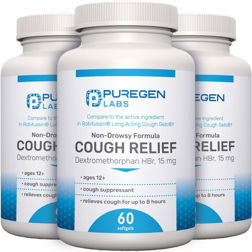 P Puregen Labs Cough Relief for Adults Dextromethorphan HBr 15mg | 8-Hour, Non-Drowsy, Long-Lasting Bronchial Suppressant | 12세 이상 | Robafen and Robitussin - 3 팩 | 총 180 Softgels