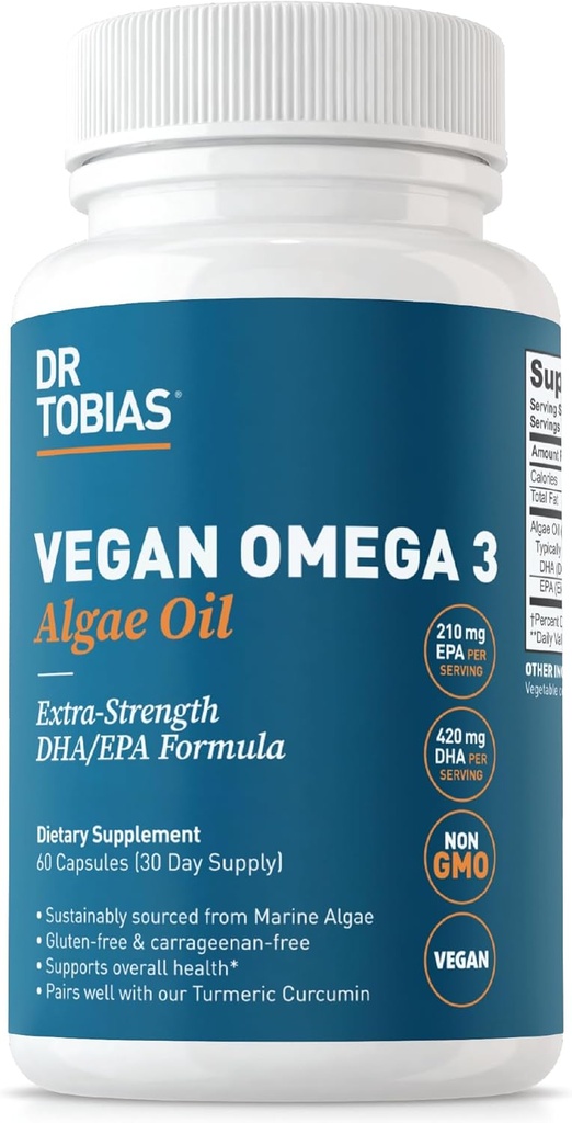 Tobias Vegan Omega博士,第3号补编,1400mg藻类石油,420mg DHA,和210mg EPA,每架服务,非GMO,Gluten-Free,Carrageenan-Free,60 Capsules,30架服务