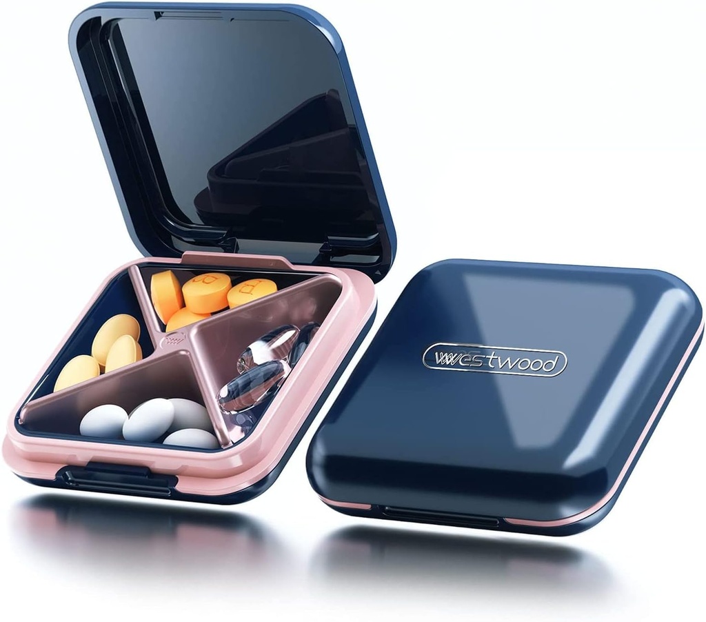 Small Pill Case, Travel Pill Box, Portable Pill Container for Purse or Pocket, Daily Medicine Organizer Waterproof 4 Compartment Compact Pill Holder for Vitamins, Supplements, Medication